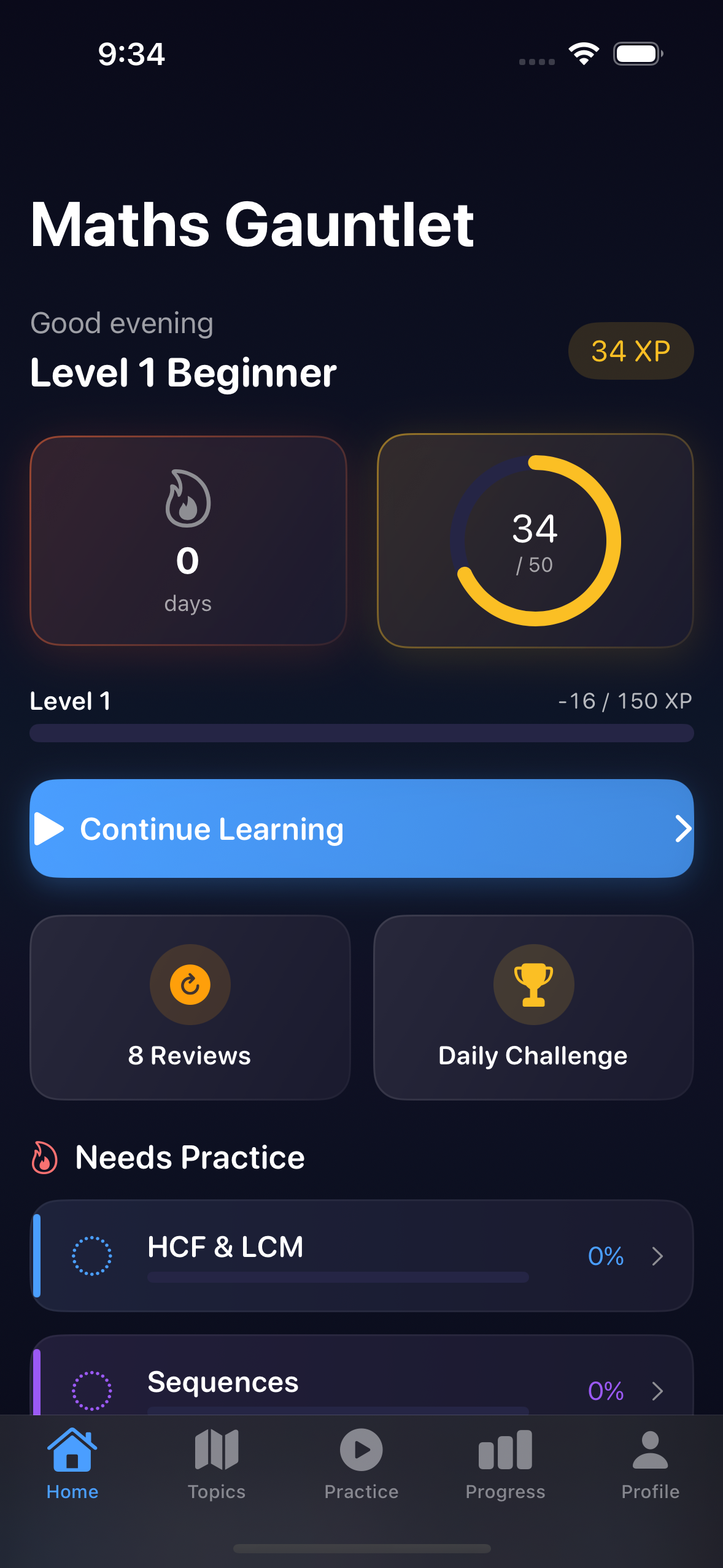 Home screen with streak and daily goal
